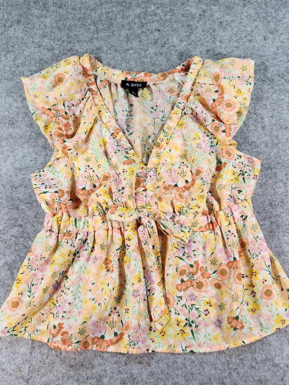 A. Byer Yellow Pastel Floral Tie-Front Ruffle Peplum Top Size Medium